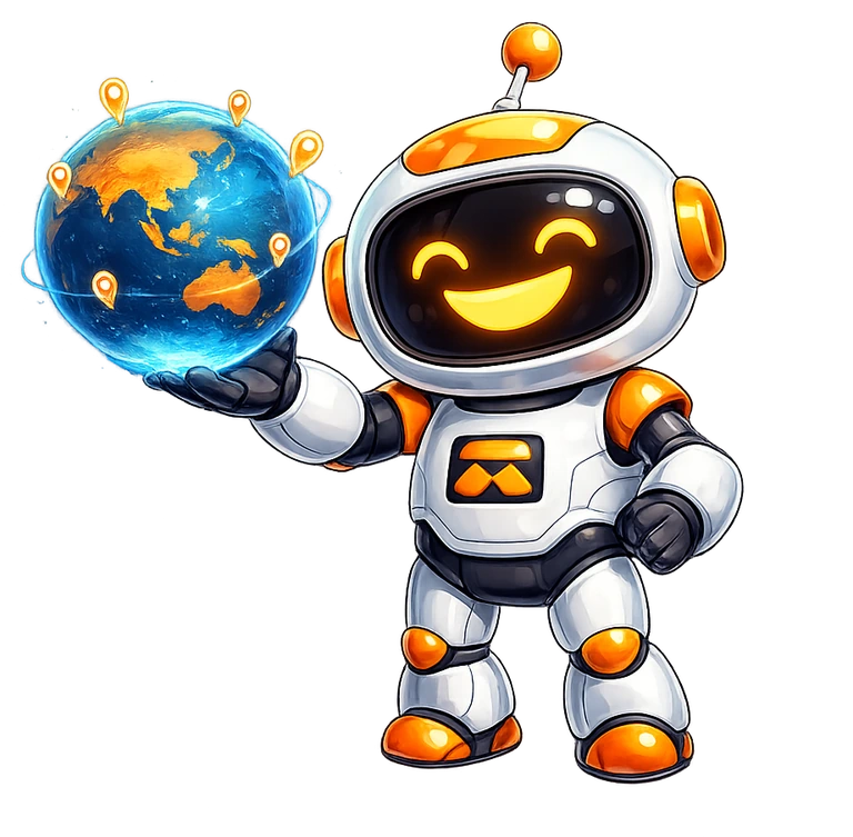 iRankNow mascot holding a globe of Southeast Asia