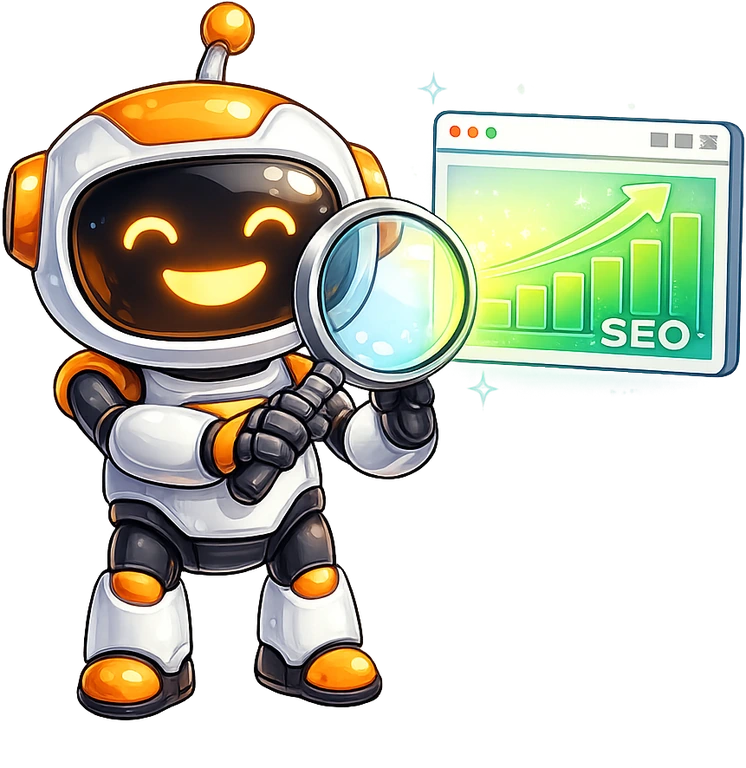 iRankNow mascot inspecting SEO rankings with a magnifying glass