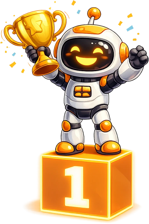 iRankNow mascot holding a #1 trophy on a winners podium